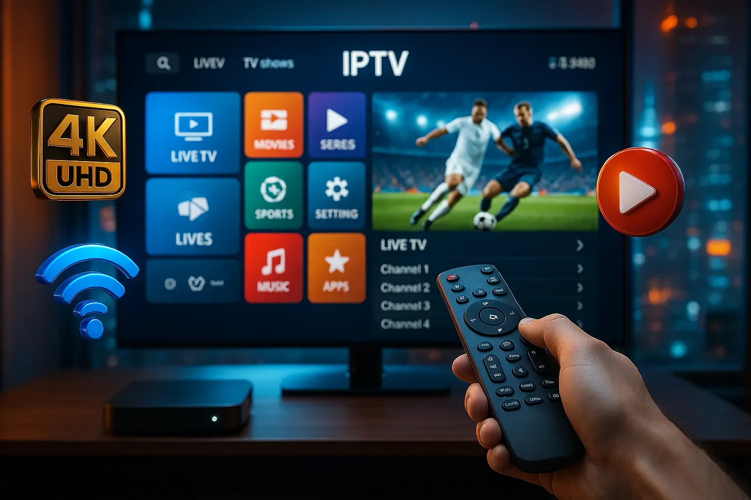Living room television showing a live match in a streaming menu, remote control in hand