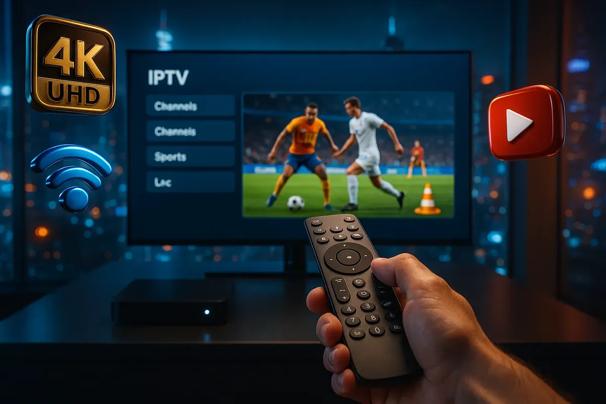 Channel menu on a television with a live soccer match playing