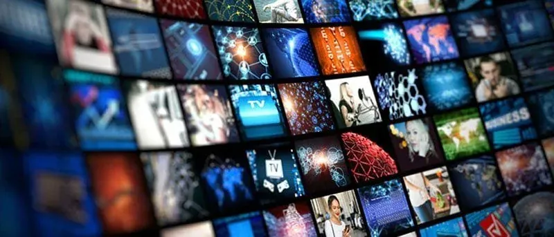 A wall of television screens showing dozens of channels